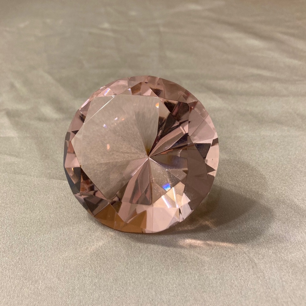 Pink Gem Jewel Diamond Faceted Glass Paperweight with Box (faded) 2.5” x 2” VGUC